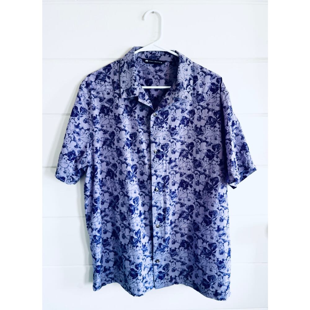 Men's Travis Mathew Printed Floral Button Up Shirt, Purple, Size XL